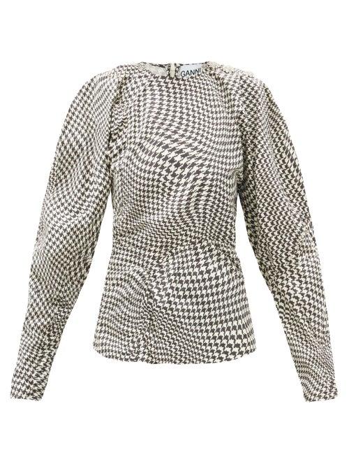 Matchesfashion.com Ganni - Optical Houndstooth Crystal-button Cotton Blouse - Womens - Black White