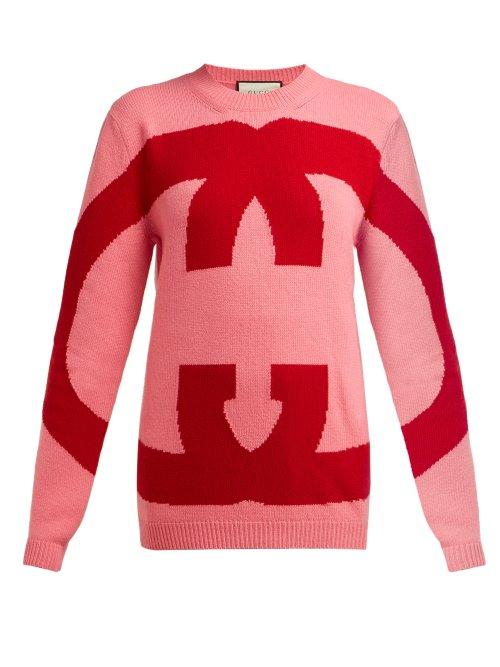 Matchesfashion.com Gucci - Oversized Logo Intarsia Wool Sweater - Womens - Pink Multi