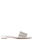 Aquazzura - Crystal Candy Pleated-heel Leather Slides - Womens - Silver