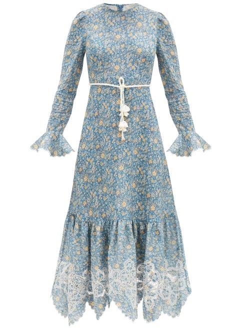 Matchesfashion.com Zimmermann - Carnaby Rope-belt Floral-print Linen Midi Dress - Womens - Blue Print