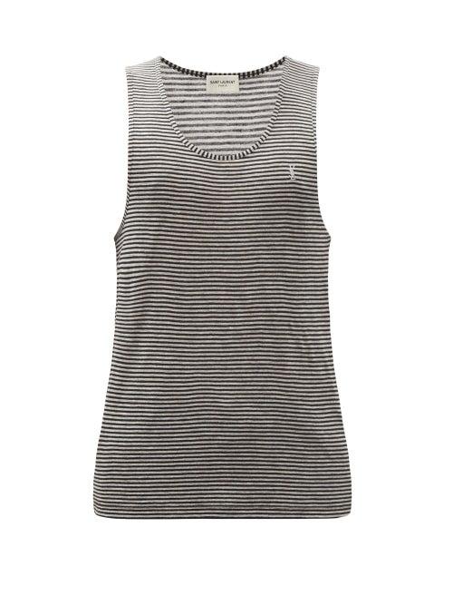 Matchesfashion.com Saint Laurent - Ysl-embroidered Striped Cotton-jersey Tank Top - Mens - Black Grey