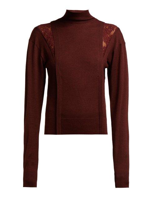 Matchesfashion.com Chlo - Lace Insert High Neck Wool Blend Sweater - Womens - Burgundy