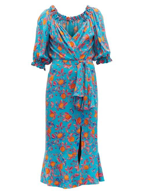 Matchesfashion.com Saloni - Olivia Citrus Print Silk Georgette Midi Dress - Womens - Blue Print