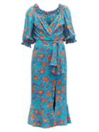 Matchesfashion.com Saloni - Olivia Citrus Print Silk Georgette Midi Dress - Womens - Blue Print