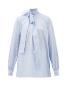 Matchesfashion.com Rochas - Pussy-bow Striped Cotton Blouse - Womens - Blue White