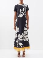 La Doublej - Swing Feather-trimmed Printed Silk-twill Dress - Womens - Black White