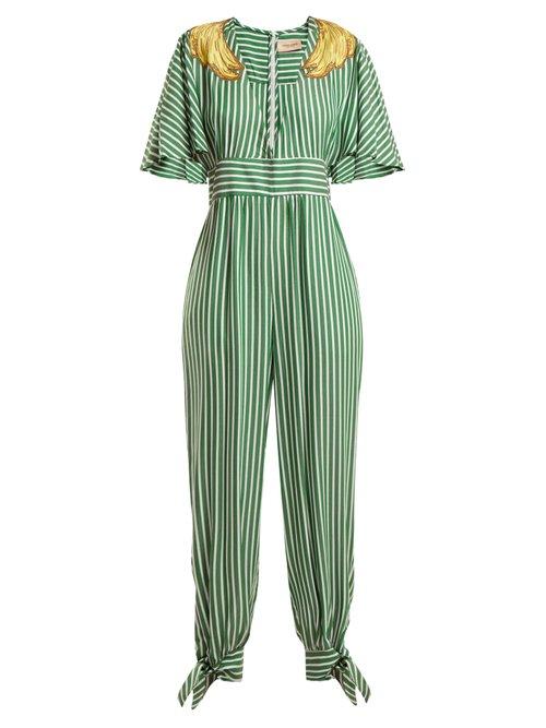 Matchesfashion.com Adriana Degreas - Banana Appliqu Striped Jumpsuit - Womens - Green Stripe