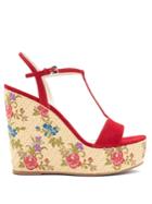 Prada Floral-embroidered Suede Wedge Sandals