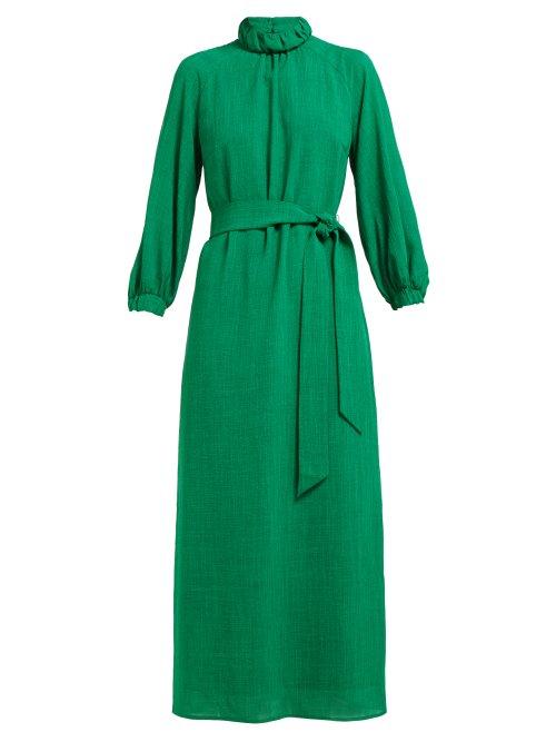 Matchesfashion.com Cefinn - Tie Waist High Neck Voile Midi Dress - Womens - Green
