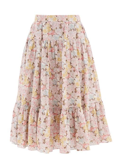 Loup Charmant - Fontelli Floral-print Tiered Cotton Midi Skirt - Womens - Multi