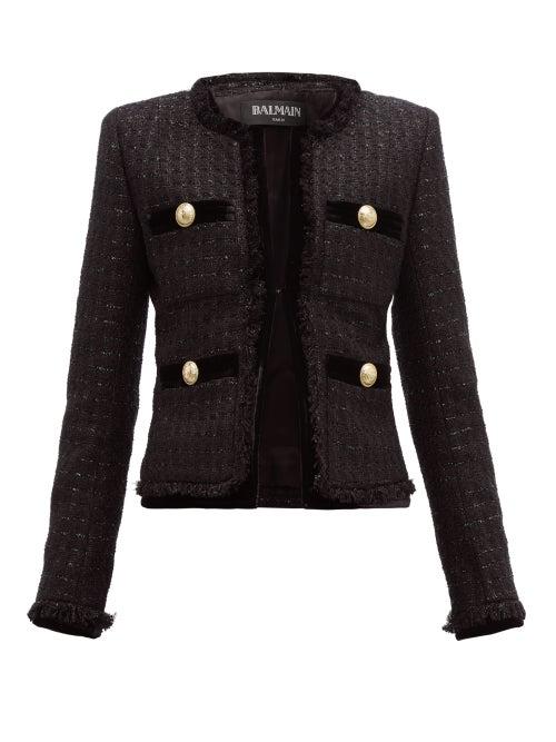 Matchesfashion.com Balmain - Velvet Trim Metallic Tweed Jacket - Womens - Black Multi