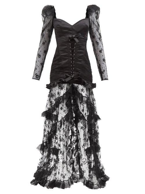 Alessandra Rich - Laced Satin And Ruffled-lace Gown - Womens - Black