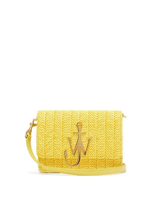 Matchesfashion.com Jw Anderson - Logo Plaque Raffia And Leather Cross Body Bag - Womens - Yellow