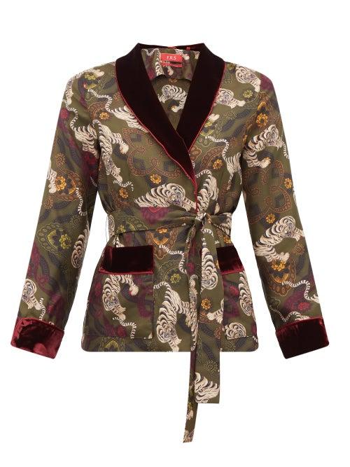 Matchesfashion.com F.r.s - For Restless Sleepers - Armonia Tiger Print Silk Wrap Jacket - Womens - Khaki Multi