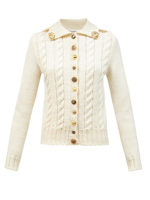 Matchesfashion.com Loewe - Anagram-button Cable-knit Wool Cardigan - Womens - Ivory