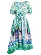 Matchesfashion.com Prada - Flowerpot Print Cotton Midi Dress - Womens - Blue Multi