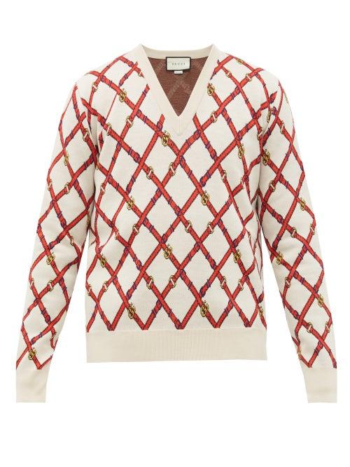 Matchesfashion.com Gucci - V Neck Harness Instarsia Wool Blend Sweater - Mens - White