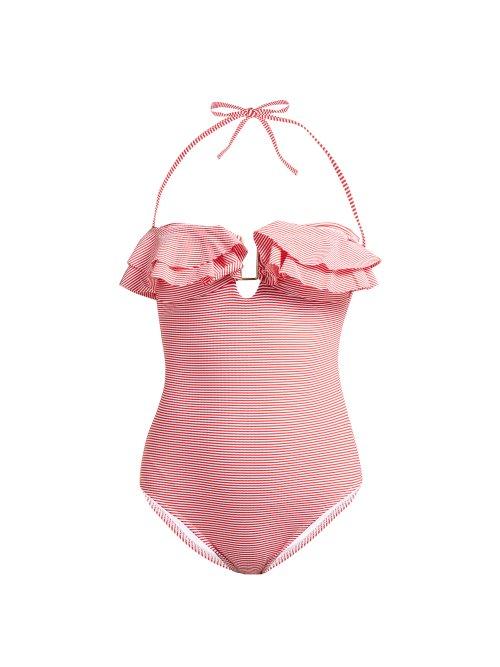 Matchesfashion.com Melissa Odabash - Corfu Ruffled Bandeau Swimsuit - Womens - Red Print