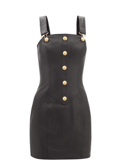 Balmain - Leather Pinafore Mini Dress - Womens - Black