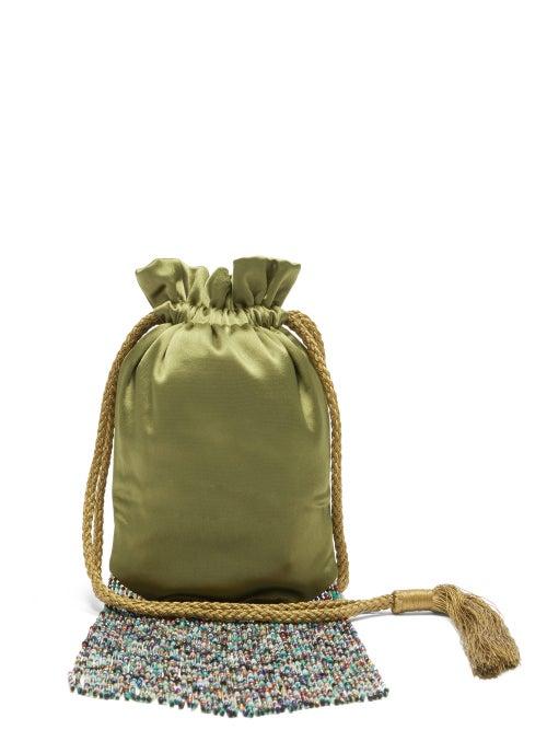 Matchesfashion.com Galvan - Beaded-fringe Satin Pouch - Womens - Khaki Multi