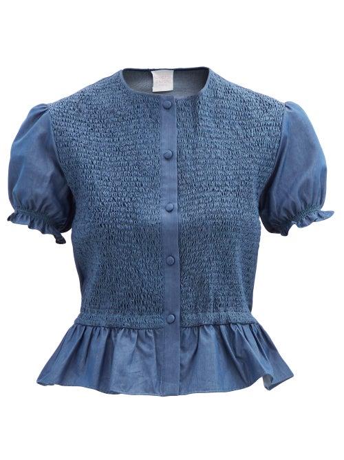 Matchesfashion.com Loretta Caponi - Francesca Shirred Peplum Cotton-percalle Blouse - Womens - Dark Blue
