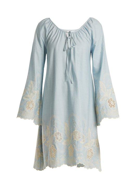 Matchesfashion.com Athena Procopiou - Gypset Floral Embroidered Cotton Dress - Womens - Light Blue