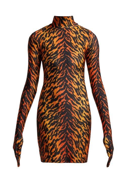 Matchesfashion.com Vetements - Tiger Print Glove Sleeved Jersey Dress - Womens - Orange