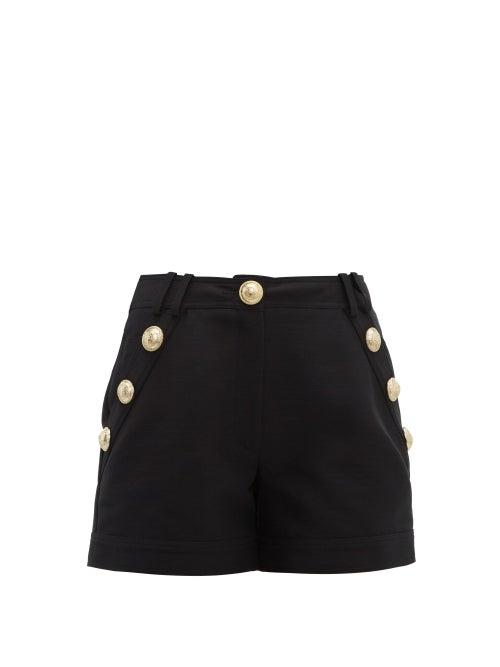 Matchesfashion.com Balmain - Crest Buttoned Cotton Poplin Shorts - Womens - Black