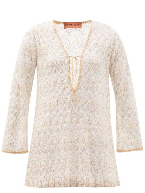 Matchesfashion.com Missoni Mare - Chevron-stripe Lace-knitted Short Kaftan - Womens - Cream Multi