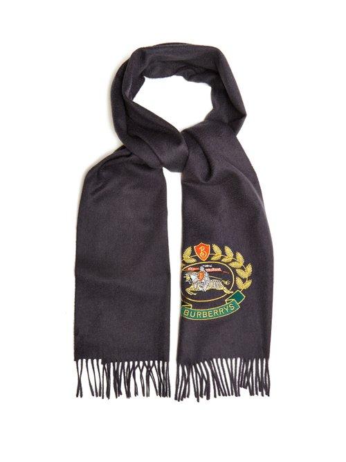 Matchesfashion.com Burberry - Logo Crest Embroidered Cashmere Scarf - Womens - Navy