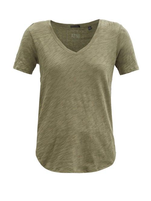 Matchesfashion.com Atm - V-neck Slubbed Cotton-jersey T-shirt - Womens - Khaki