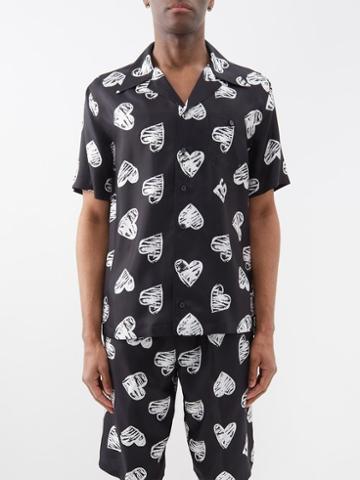 Dolce & Gabbana - Heart-print Silk Bowling Shirt - Mens - Black White