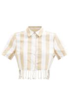 Staud - Sands Fringed Cropped Cotton-blend Twill Shirt - Womens - Beige Stripe