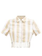 Staud - Sands Fringed Cropped Cotton-blend Twill Shirt - Womens - Beige Stripe
