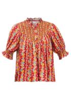 Loretta Caponi - Milvia Hand-smocked Button-front Poplin Blouse - Womens - Red Print