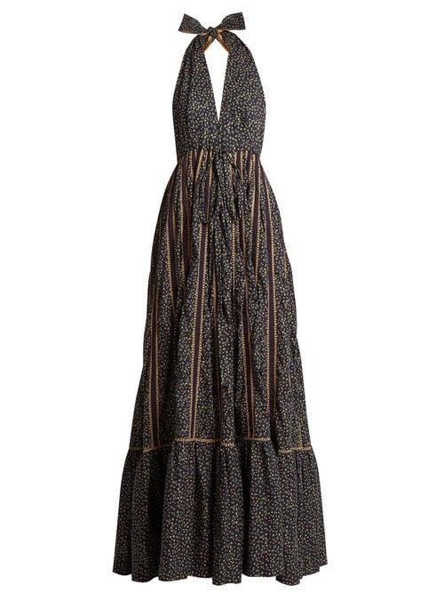 Matchesfashion.com Kalita - Rooftop Runway Cotton Halterneck Maxi Dress - Womens - Navy Multi