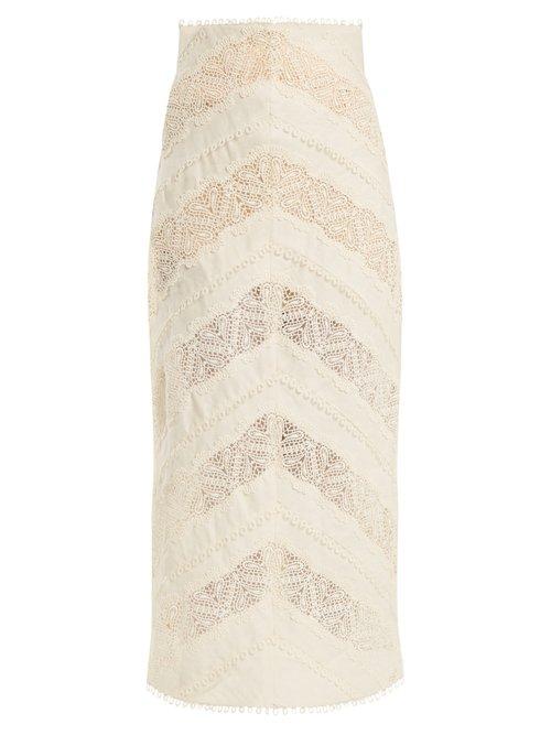 Matchesfashion.com Zimmermann - Painted Heart Chevron Panelled Lace Linen Skirt - Womens - Cream