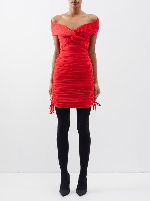 Richard Quinn - Dianna Off-the-shoulder Ruched Tulle Mini Dress - Womens - Red