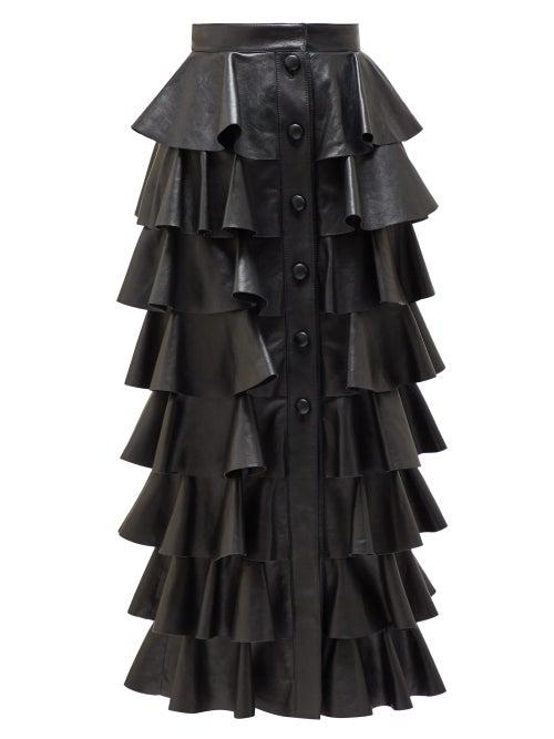 Matchesfashion.com Saint Laurent - Ruffled Leather Midi Skirt - Womens - Black
