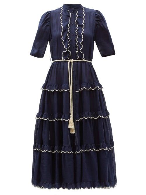 Matchesfashion.com Zimmermann - Aliane Belted Scalloped Voile Midi Dress - Womens - Navy