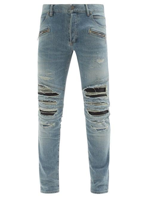 Matchesfashion.com Balmain - Faux Leather-inset Distressed Skinny Jeans - Mens - Blue