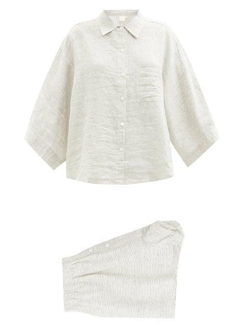 Deiji Studios - 03 Short Striped Linen Pyjamas - Womens - Light Grey