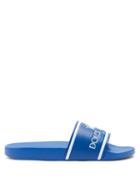 Matchesfashion.com Dolce & Gabbana - Logo Embossed Leather And Rubber Slides - Mens - Blue