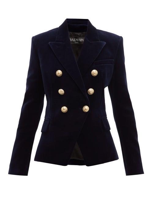 Matchesfashion.com Balmain - Double Breasted Velvet Blazer - Womens - Navy