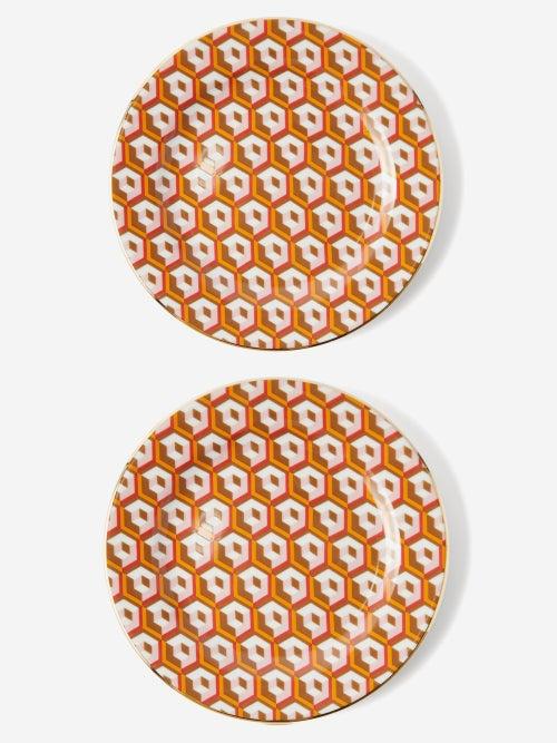La Doublej - Set Of Two Cubi-print Porcelain Dessert Plates - Womens - Orange Multi