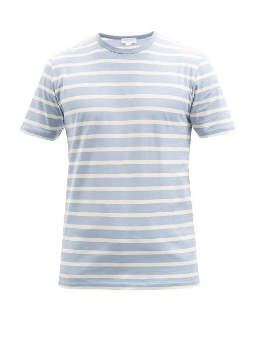 Matchesfashion.com Sunspel - Striped Supima Cotton-jersey T-shirt - Mens - Light Blue