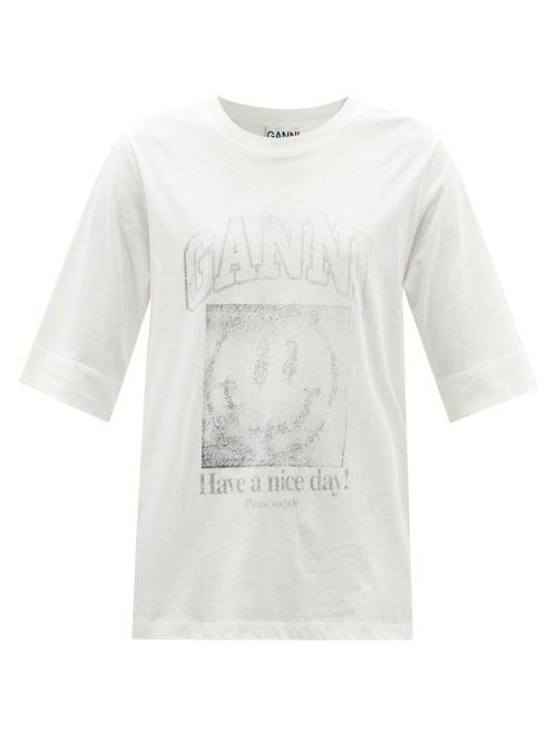 Ganni - Have A Nice Day Smiling Face-print T-shirt - Womens - Ivory