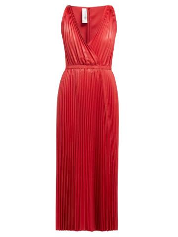Matchesfashion.com Valentino - V Neck Pleated Leather Gown - Womens - Red