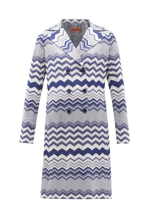 Matchesfashion.com Missoni - Double-breasted Zigzag-knit Trench Coat - Womens - Blue White