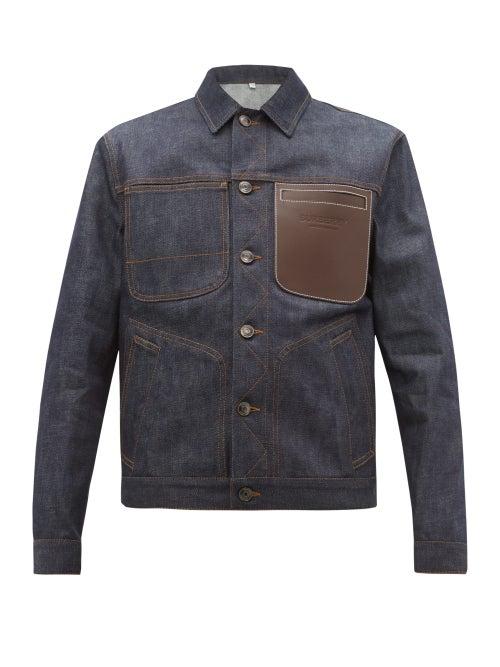 Matchesfashion.com Burberry - Spencer Leather Trimmed Denim Jacket - Mens - Dark Blue
